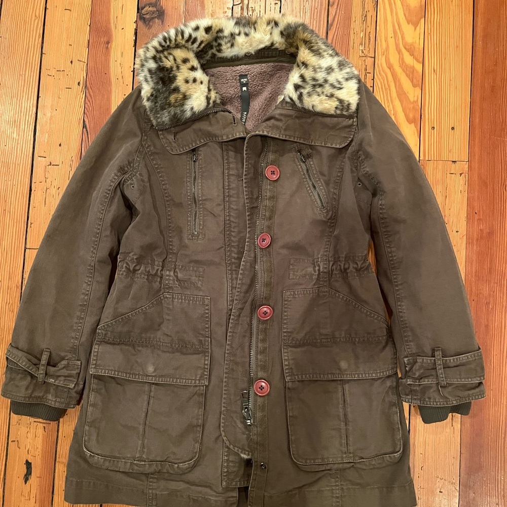 Womens  army green utility jacket with leopard collar size 36